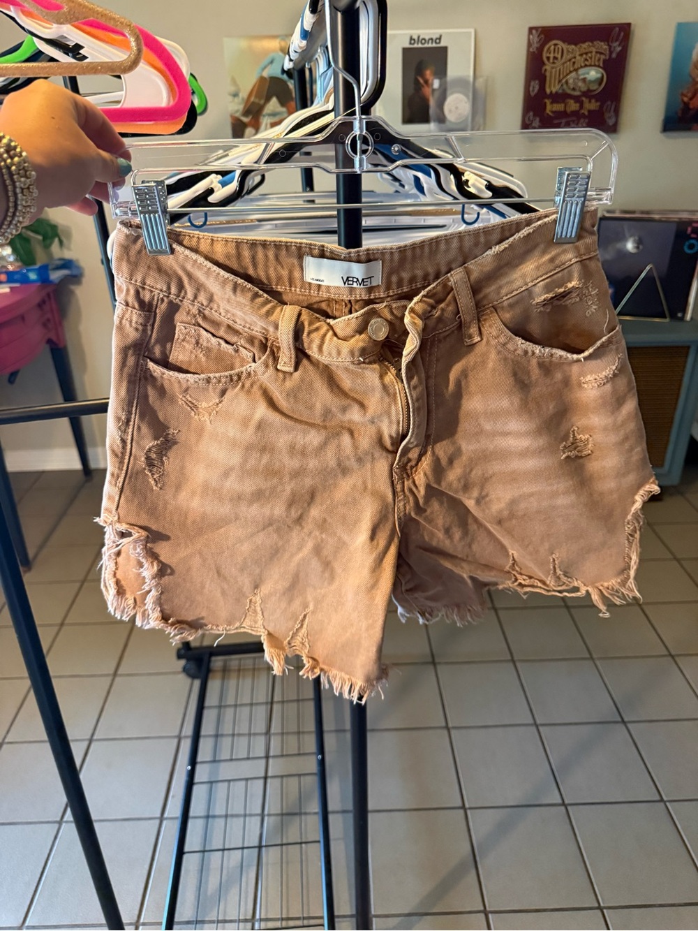 VERVET BY FLYING MONKEY Distressed Tan Denim Shorts